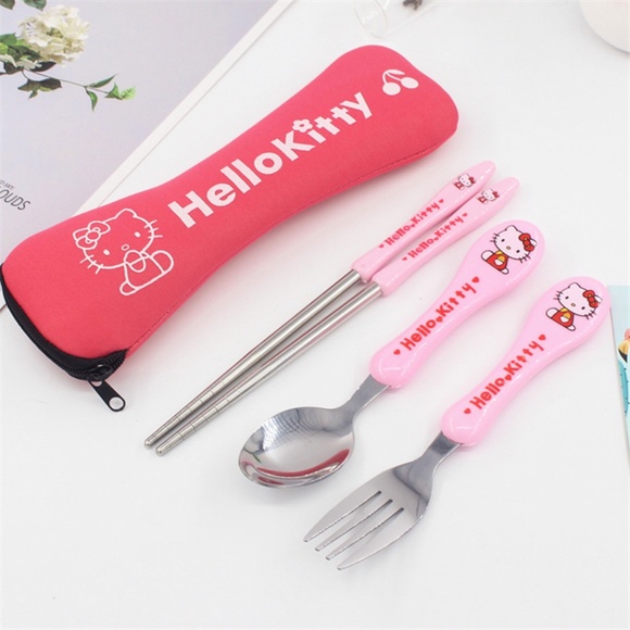 5 pcs Hello Kitty Lunch Utensils Chopsticks Fork Spoon Set Case Travel Bag Pouch - Picture 1 of 6